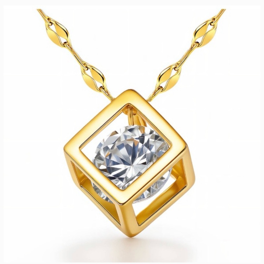 18k Gold Plated Cubic Zirconia Square Floating Diamond Pendant Necklace - Picture 3 of 3